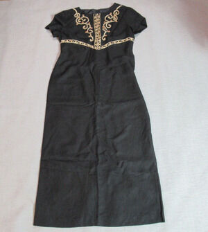 Vintage Positive Attitude Dress Women 10 Black Tan Embroidered Beaded Maxi Retro